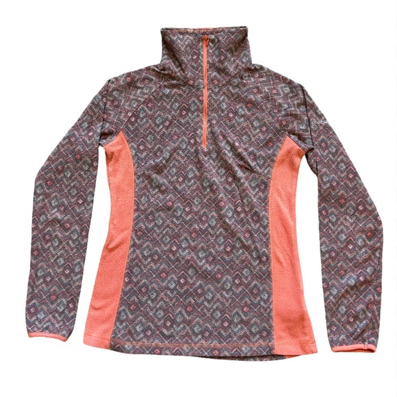 Columbia Tops - Columbia Women's Patterned Quarter-Zip Pullover Sweater - Coral and Gray